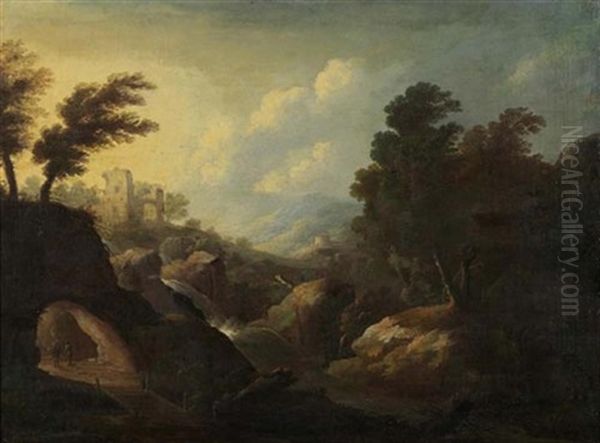 Italienische Mittelgebirgslandschaft Mit Ruine Und Grotte Oil Painting by Peter Von Bemmel