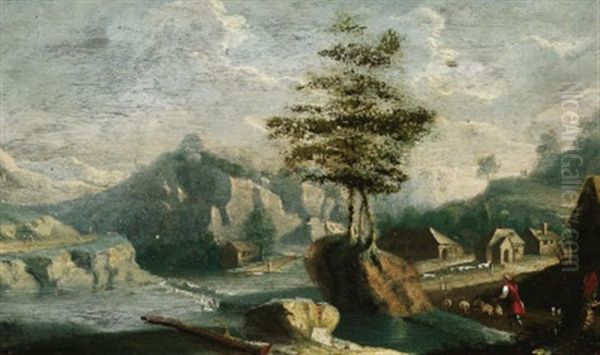 Blick In Ein Weites Flustal. Vorn Am Ufer Ein Massiver Baum Auf Einem Felsen Sowie Ein Hirte Vor Bauernkaten Oil Painting by Peter Von Bemmel