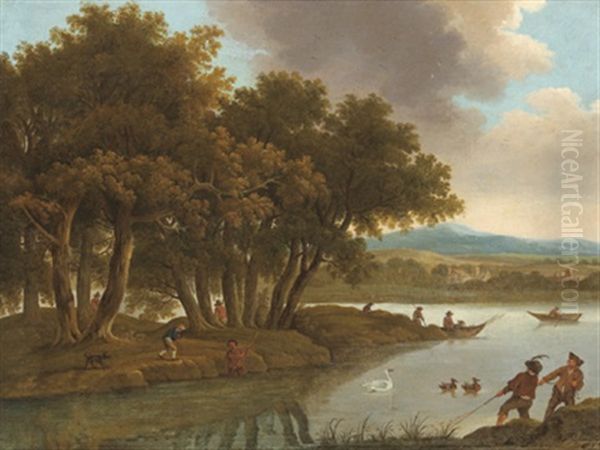 Flusslandschaft Mit Fischern Oil Painting by Peter Von Bemmel