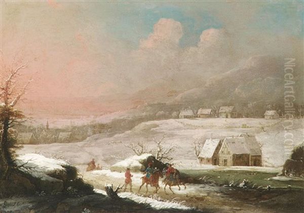 Winterlandschaft Mit Reitern Vor Dem Dorf Oil Painting by Peter Von Bemmel