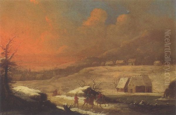 Winterlandschaft Mit Reitern Bei Sonnenuntergang Oil Painting by Peter Von Bemmel