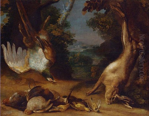 A Dead Hare And Pheasant With Partridge, Woodcock And Songbirds In A Landscape Oil Painting by Peter Von Bemmel