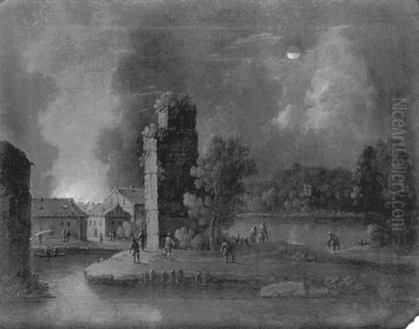 Incendie D'une Ville Pres D'une Riviere Au Clair De Lune Oil Painting by Peter Von Bemmel