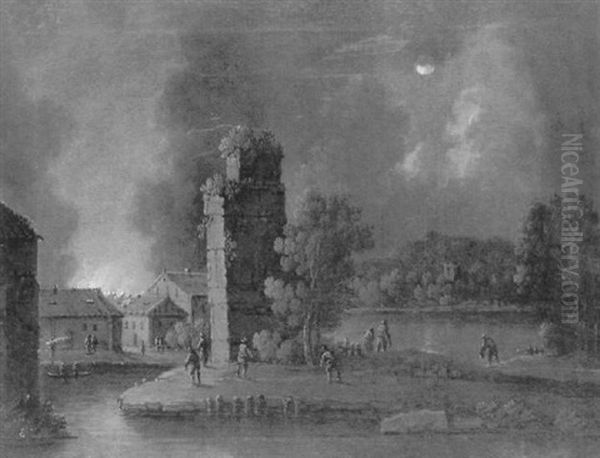 Incendie D'une Ville Pres De La Riviere Au Clair De Lune Oil Painting by Peter Von Bemmel