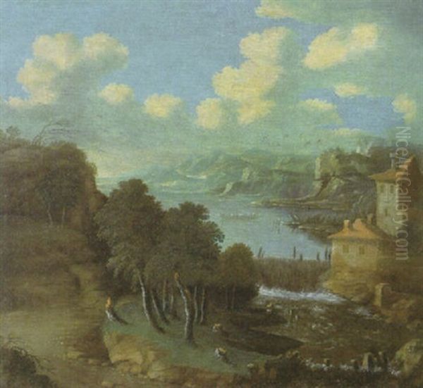 Fluslandschaft Mit Gebauden Am Wasserfall Vorne Rechts Oil Painting by Peter Von Bemmel