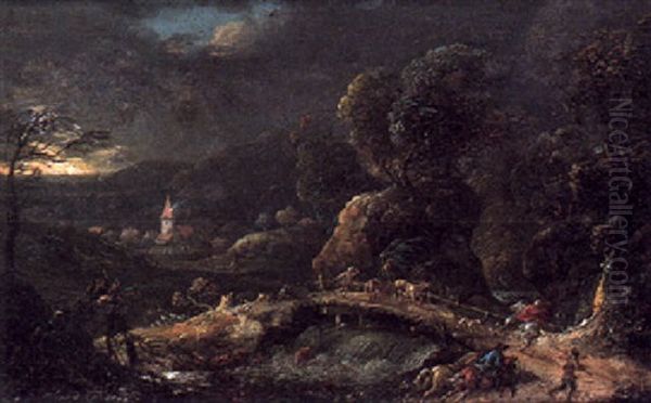 A Thunderstorm In A Wooded River Landscape With Travellers Oil Painting by Peter Von Bemmel