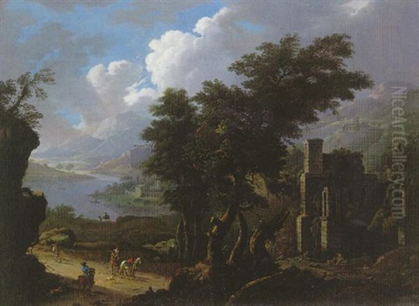 Villageois Et Cavaliers Pres De Ruines Ombragees Dans Un Paysage Montagneux Que Traverse Un Riviere Oil Painting by Peter Von Bemmel