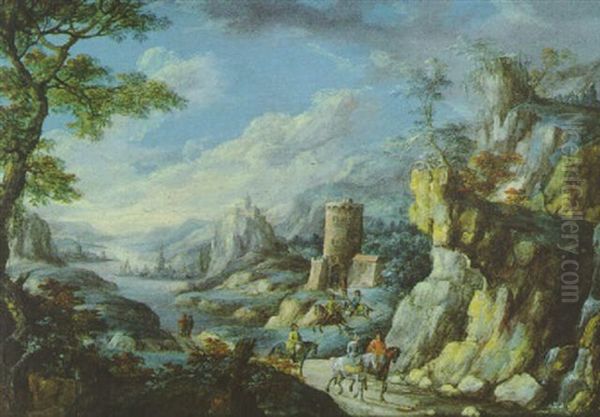 Gebirgige Fluslandschaft Mit Reitern Oil Painting by Peter Von Bemmel