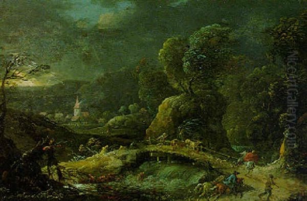 A Thunderstorm In A Wooded River Landscape With Travellers Oil Painting by Peter Von Bemmel