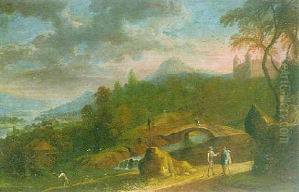 A Wooded Landscape With A Watermill, A Fisherman And A Castle Beyond Oil Painting by Peter Von Bemmel