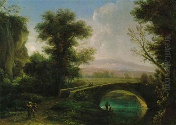 Flusslandschaft Mit Einer Steinernen Bruecke Oil Painting by Peter Von Bemmel