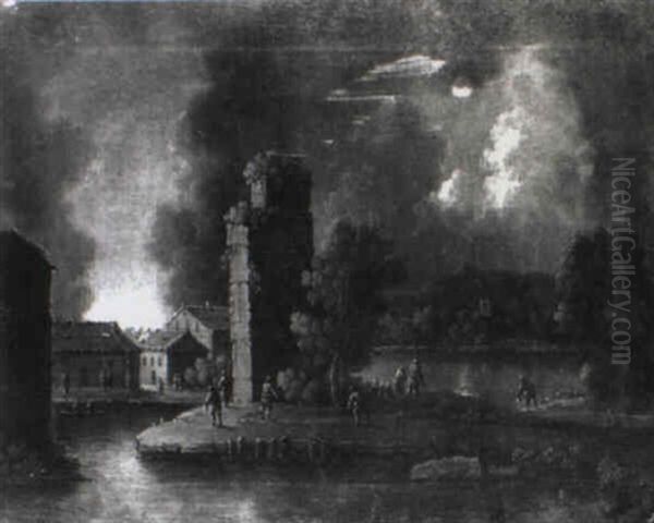 Incendie De Ferme Au Clair De Lune Oil Painting by Peter Von Bemmel