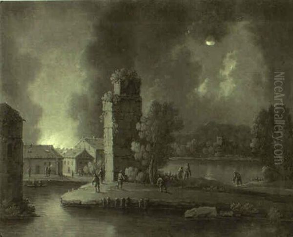 Incendie De Ferme Au Clair De Lune Oil Painting by Peter Von Bemmel