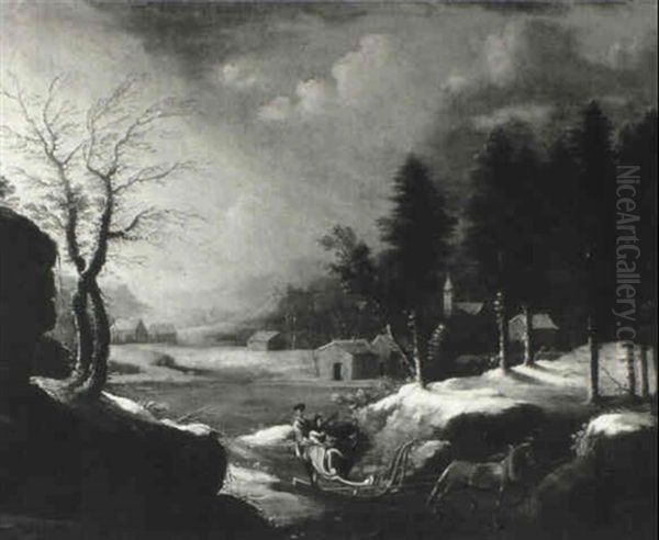 Winter Landscape With Figures On A Horse Drawn Sleigh by Peter Von Bemmel