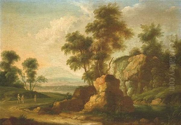 Felsbestandene Fluslandschaft Mit Figurenstaffage Oil Painting by Simon Joseph von Bemmel