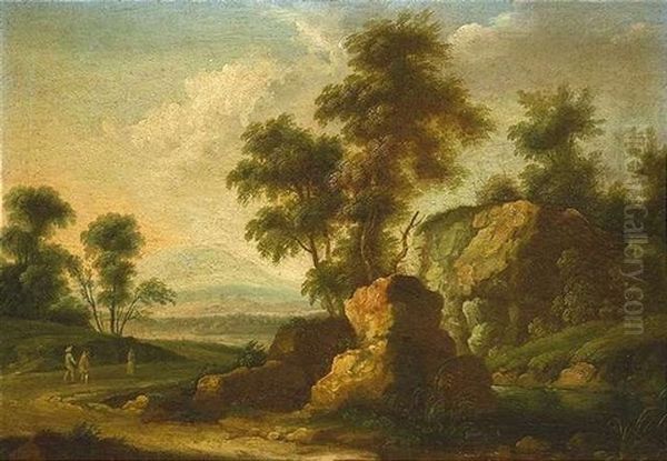 Felsbestandene Fluslandschaft Mit Figurenstaffage Oil Painting by Simon Joseph von Bemmel