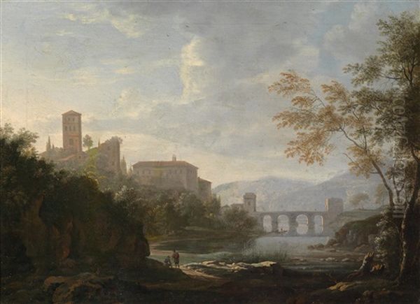 Sudliche Landschaft Mit Hoch Gelegener Kirche Und Einer Bogenbrucke Uber Einen Fluss Oil Painting by Willem Van Bemmel