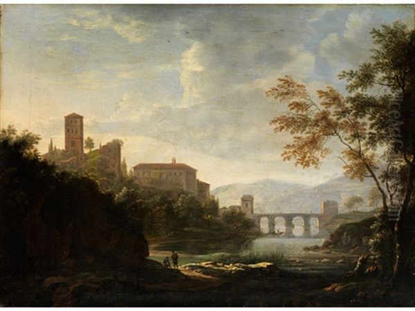 Italienische Fantasielandschaft Mit Bogenbrucke Uber Einem Fluss, Hoherstehendem Campanile Und Figurenstaffage Oil Painting by Willem Van Bemmel