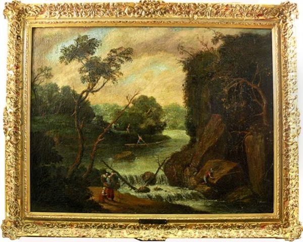 Flusslauf Nach Einem Sturm Mit Figurenstaffage. Mutter Mit Kind U. Kleinkind Auf Dem Rucken Am Flussufer Laufend. Fischer Im Vordergrund Und Im Boot Oil Painting by Willem Van Bemmel