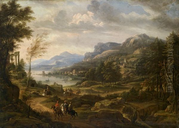 Weite Sudliche Kustenlandschaft Mit Einer Antiken Ruine Und Turkischen Reitern Oil Painting by Willem Van Bemmel