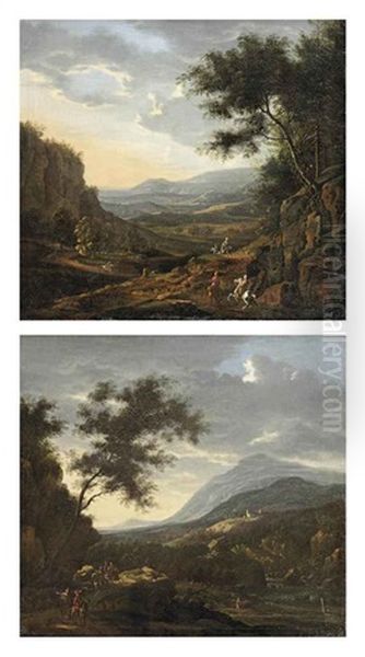 A Mountainous Landscape With Horseman On A Track At Sunset (+ A Mountainous River Landscape With Horsemen On A Rocky Path At Dawn; Pair) Oil Painting by Willem Van Bemmel