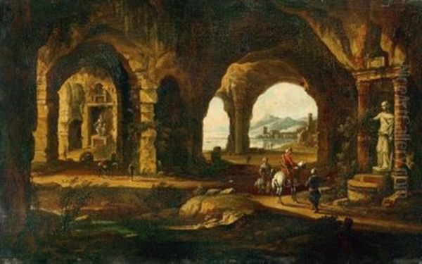 Capriccio Mit Grotten Und Orientalischen Reitern Vor Antiken Standbildern Oil Painting by Willem Van Bemmel