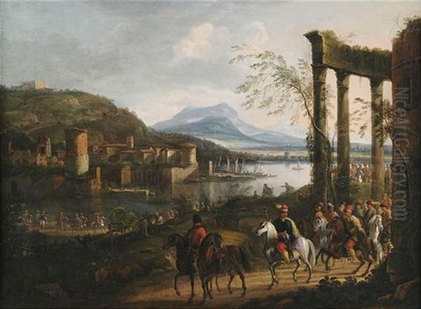 Weite Italienisierende Flusslandschaft Mit Ruinen, Hafenanlage Und Grosem Reiterzug (collab. W/workshop) Oil Painting by Willem Van Bemmel