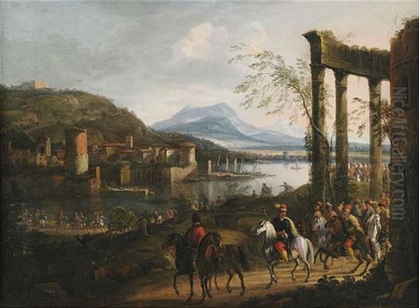 Weite Italienisierende Flusslandschaft Mit Ruinen, Hafenanlage Und Grosem Reiterzug Oil Painting by Willem Van Bemmel