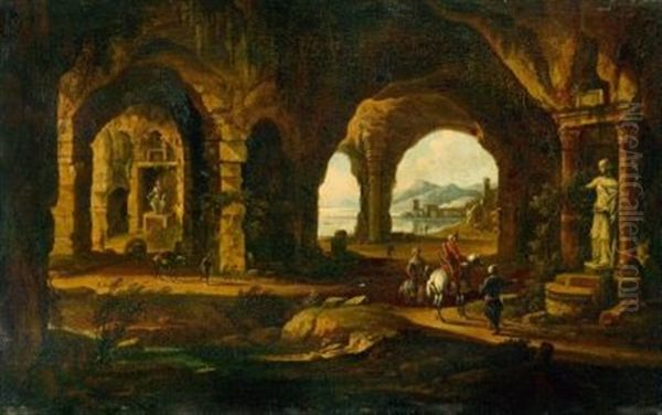 Capriccio Mit Grotten Und Orientalischen Reitern Vor Antiken Standbildern Oil Painting by Willem Van Bemmel