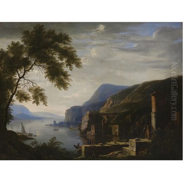 An Extensive Italianate River Landscape With Travellers Near Ruins, Shipping Near A Harbour Beyond Oil Painting by Willem Van Bemmel