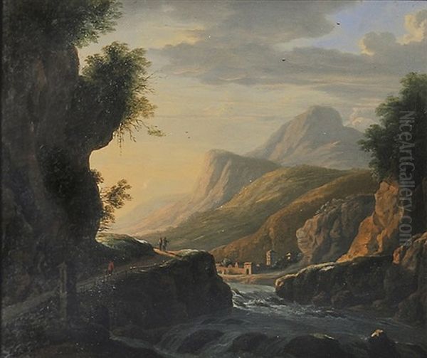 Gebirgige Fluslandschaft Mit Kleinem Dorf Oil Painting by Willem Van Bemmel