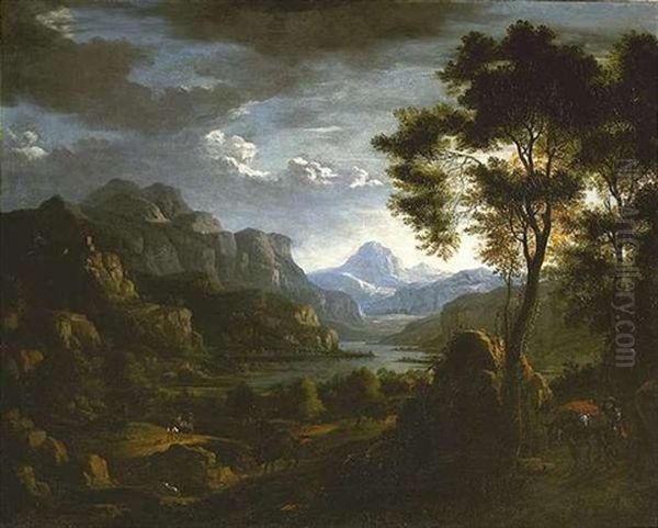 Gebirgige Fluslandschaft Mit Reitern. Im Hintergrund Am Flusufer Ansiedlungen Oil Painting by Willem Van Bemmel