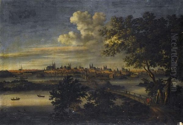 A Panoramic View Of Magdeburg Seen From Across The River Elbe, With Figures Crossing A Bridge In The Foreground Oil Painting by Willem Van Bemmel