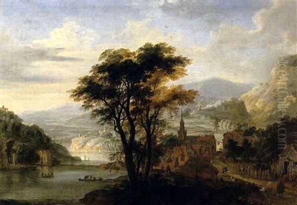 Stadt An Einem Flus In Einer Gebirgigen Landschaft Oil Painting by Willem Van Bemmel