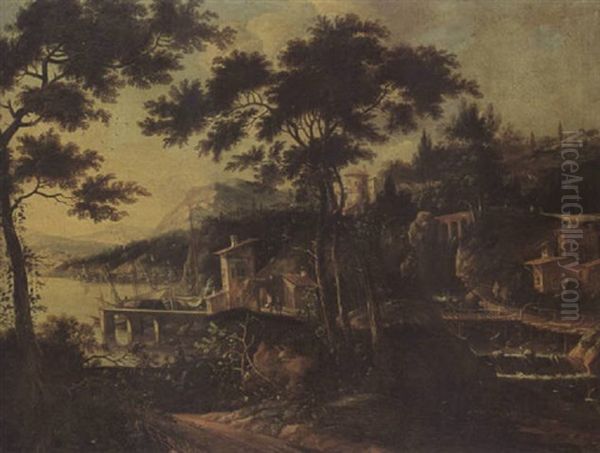 A Rhenish River Landscape With A Village Near The Shore Oil Painting by Willem Van Bemmel