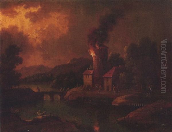 Abendliche Gewitterlandschaft Mit Brennendem Turm Am Fluss Oil Painting by Willem Van Bemmel