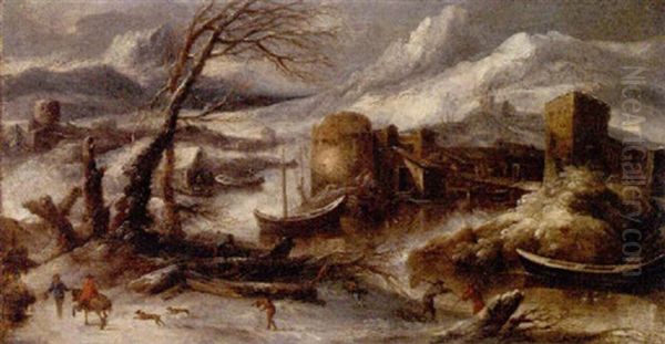 A Winter Landscape With Fisherman By A River Oil Painting by Willem Van Bemmel