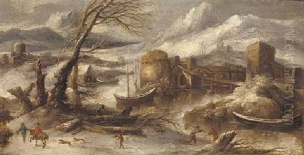 A Italianate Winter Landscape With Fishermen By A River Oil Painting by Willem Van Bemmel