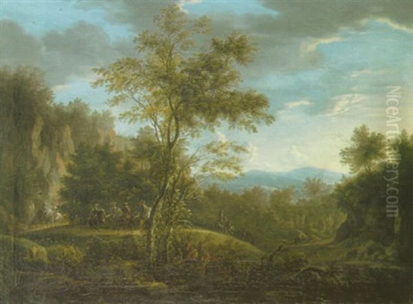 Waldlandschaft Mit Einem Zug Von Reitern Auf Dem Gewundenen Weg Im Mittelgrund Oil Painting by Willem Van Bemmel