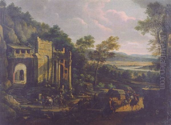 Travellers On A Road Passing An Inn Among Classical Ruins In An Italianate Landscape Oil Painting by Willem Van Bemmel