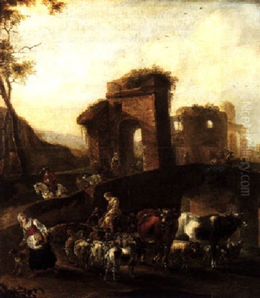 An Italianate Landscape With Herders And Animals Crossing A Roman Bridge Oil Painting by Willem Van Bemmel