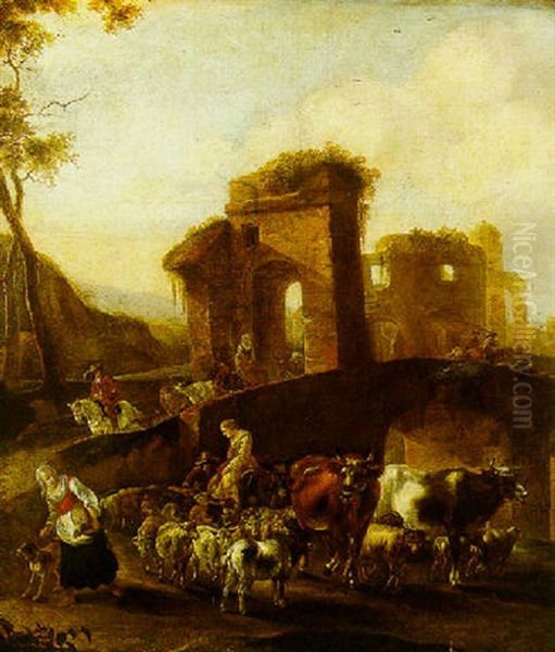 An Italianate Landscape With Herdes And Animals Crossing A Roman Bridge Oil Painting by Willem Van Bemmel