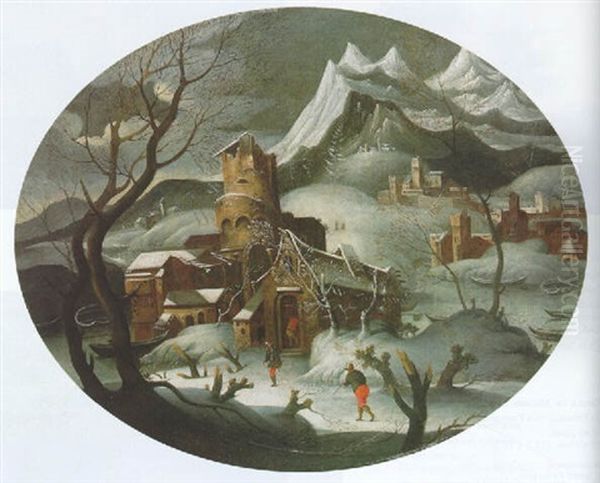 A Mountainous Winter Landscape With Peasants Outside A House On A River Oil Painting by Willem Van Bemmel