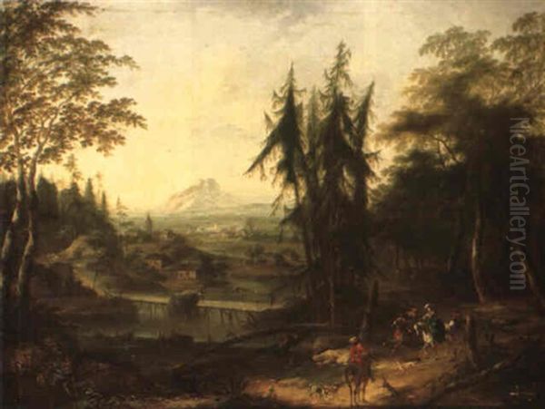 A Hunting Part In An Extensive River Landscape Oil Painting by Willem Van Bemmel