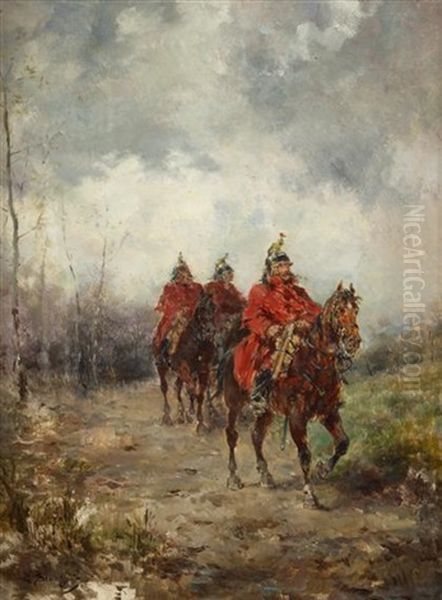 Mounted Cavalrymen Oil Painting by Louis Emile Benassit