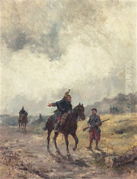 Landskap Med Officerare Till Hast Oil Painting by Louis Emile Benassit