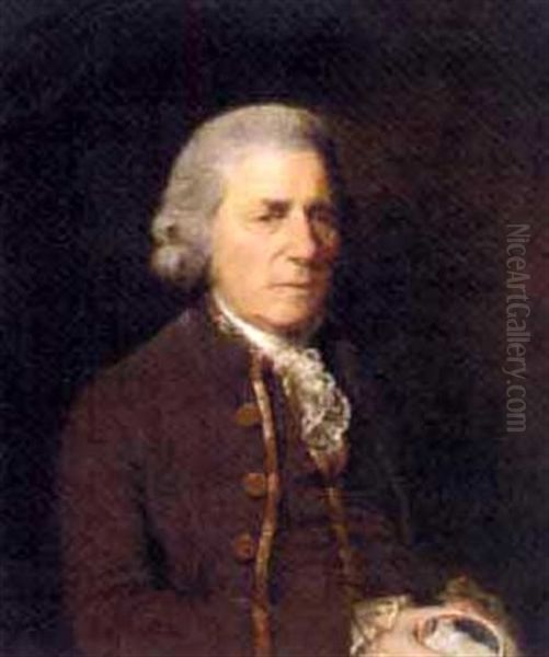 Portrait Of A Gentleman In A Brown Suit, With A Lace Ruff, Holding A Miniature Of A Mother And Child Oil Painting by Thomas Bench