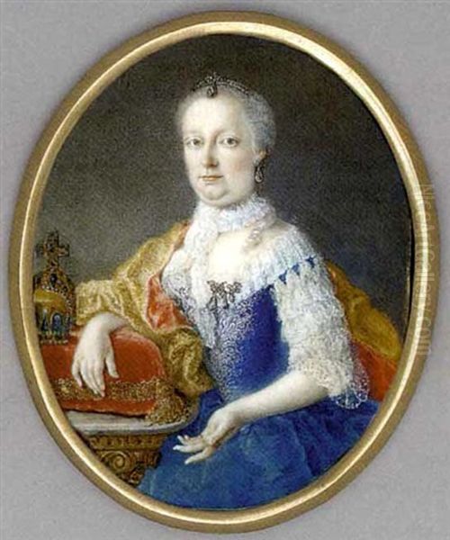 Maria Theresa Of Habsburg, Holy Roman Empress, Seated With Her Right Arm Resting On A Red Cushion With Gold Tassel Besides Two Jewelled Crowns, In Lace-bordered Blue Velvet Dress ... Oil Painting by Antonio Bencini