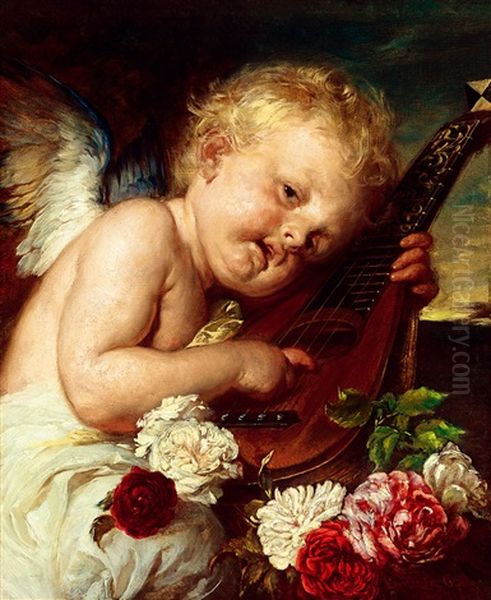 Music,  Putto With Roses (scherzo) Oil Painting by Gyula von (Julius de) Benczur