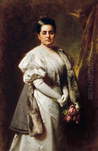 Lady In Lace Dress With Roses Oil Painting by Gyula von (Julius de) Benczur